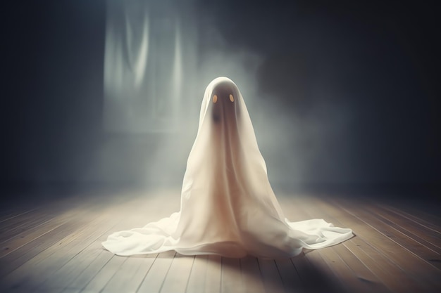 Humano em traje de fantasmas assustadores voando dentro da velha casa ou floresta à noite Conceito de Halloween