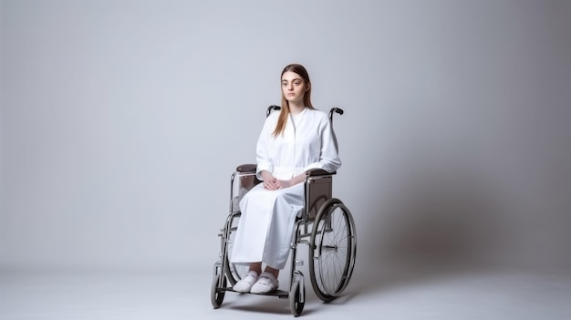 Foto humano está em cadeira de rodas médica para paciente inválido em branco fundo vazio cuidados de saúde do hospital