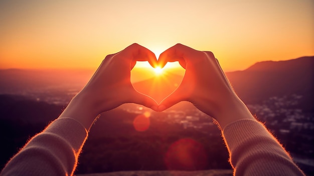 Humano fica de pé com os braços estendidos formando um coração enquanto o sol brilha em seu centro Generative Ai