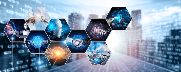 El humano interactúa con la inteligencia artificial, el asistente virtual, el robot NLP.