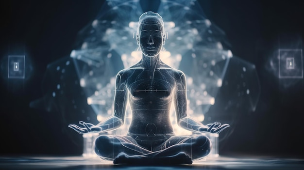 Humano medita com fluxo de energia azul através de seu corpo Ioga transcendental ou oração IA generativa