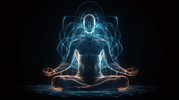Humano medita em pose de lótus com fluxo de energia azul através de seu corpo Ioga ou oração Generative AI