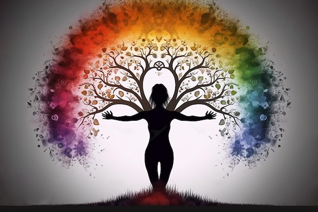 Foto humano meditando fusionándose con la naturaleza gran árbol en el fondo colores radicales contorno fondo blanco