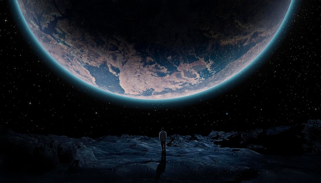 Foto humano observando el planeta tierra desde otro planeta