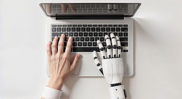 Humano y robot trabajando juntos en una computadora portátil