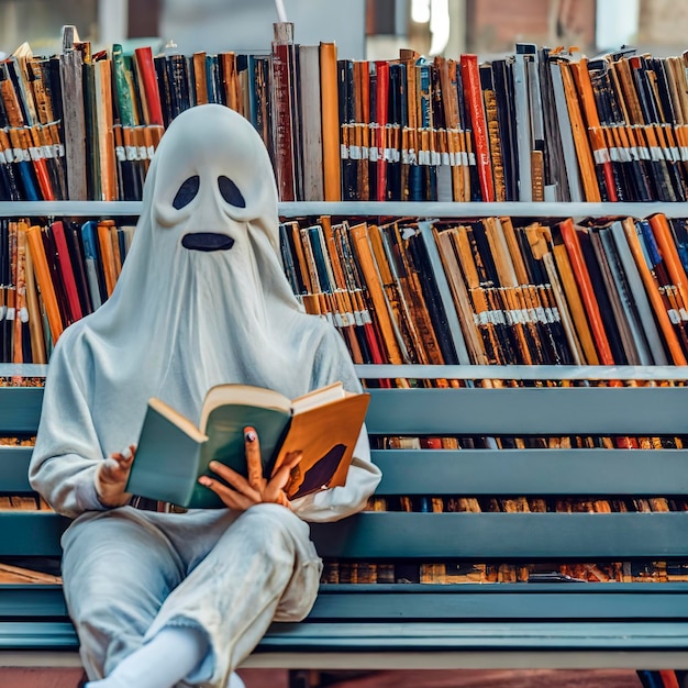 Humano en traje de fantasma sentado en un banco y leyendo un libro