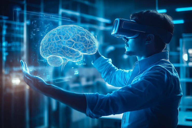 Un humano usa gafas de realidad virtual y toca un holograma cerebral IA generativa