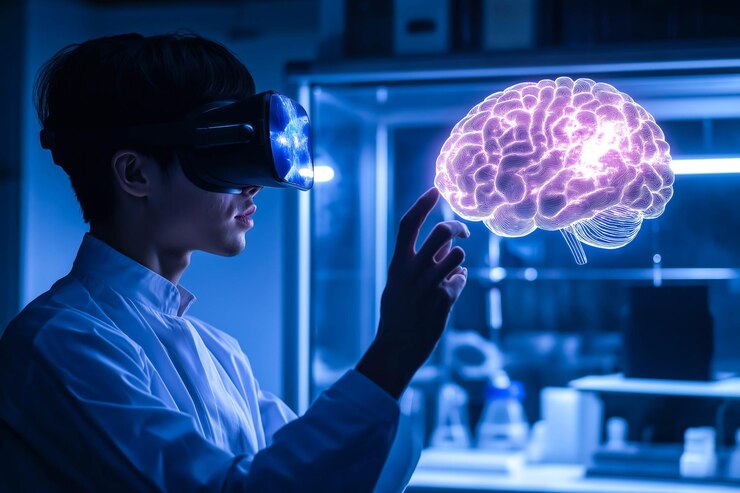 Un humano usa gafas de realidad virtual y toca un holograma cerebral IA generativa