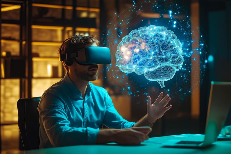 Un humano usa gafas de realidad virtual y toca un holograma cerebral IA generativa