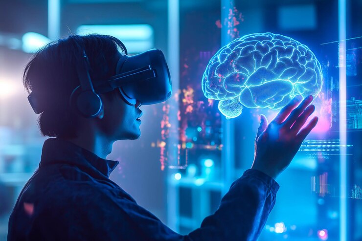 Un humano usa gafas de realidad virtual y toca un holograma cerebral IA generativa