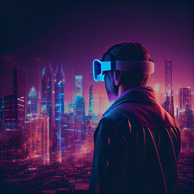 Foto humano usando gafas vr mirando el holograma de la ciudad generado por ai.