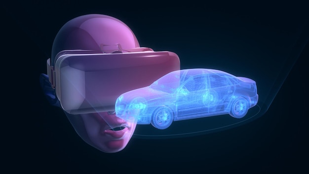 Humano usando óculos VR olhando para o holograma de um carro