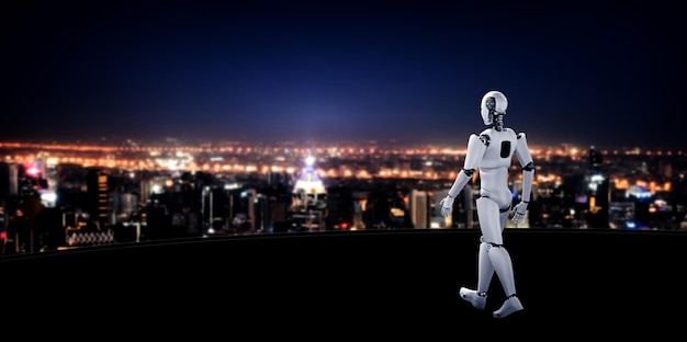 Humanoid des 3D-Illustrationsroboters, der vorwärts gegen Stadtbild-Skyline schaut