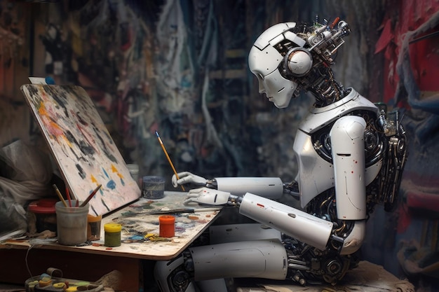 Humanoid-Roboter malen mit einem Pinsel im Studio eines Künstlers Computer-generiertes Kunstkonzept Realistische generative KI-Illustration