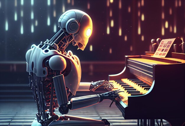 Humanoid-Roboter spielen emotional Klavier in einer hochqualitativen Illustration