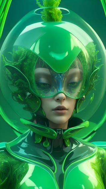 Humanoide feminino futurista com cabeça de aquário vestindo roupas extravagantes de plástico e látex