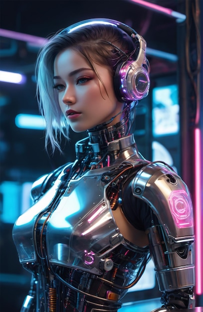 Foto un humanoide futurista con una armadura biónica con un estilo cyberpunk brillante de neón