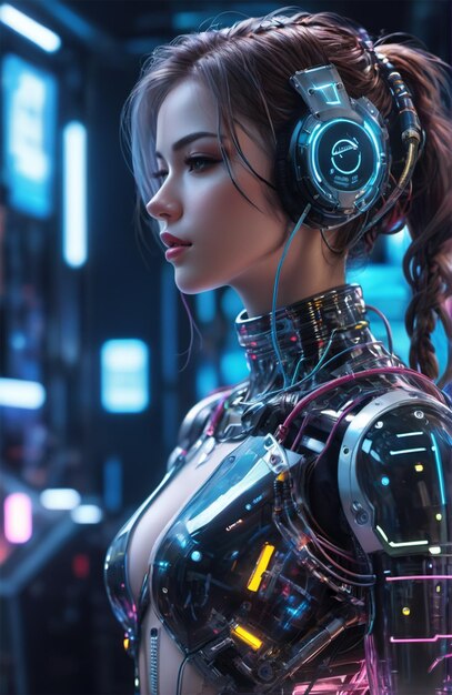 Un humanoide futurista con una armadura biónica con un estilo cyberpunk brillante de neón