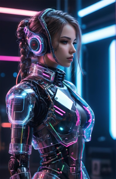 Foto un humanoide futurista con una armadura biónica con un estilo cyberpunk brillante de neón