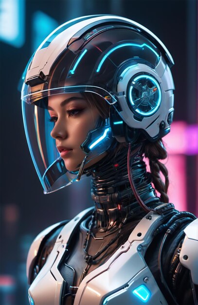 Un humanoide futurista con una armadura biónica con un estilo cyberpunk brillante de neón