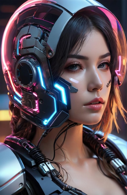 Un humanoide futurista con una armadura biónica con un estilo cyberpunk brillante de neón