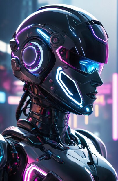 Un humanoide futurista con una armadura biónica con un estilo cyberpunk brillante de neón