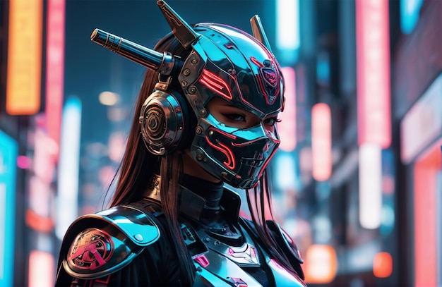 Un humanoide futurista con una armadura biónica con un estilo cyberpunk brillante de neón