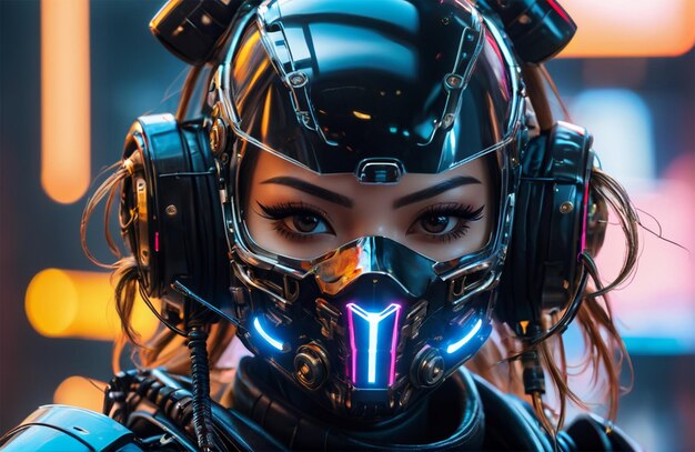 Foto un humanoide futurista con una armadura biónica con un estilo cyberpunk brillante de neón