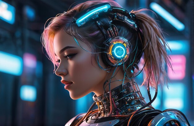 Un humanoide futurista con una armadura biónica con un estilo cyberpunk brillante de neón