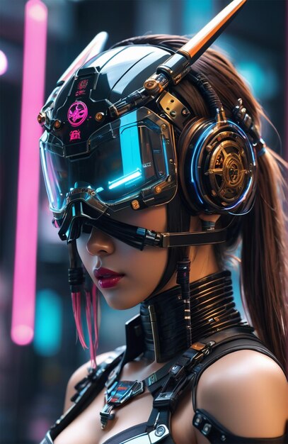 Humanoide futurista usando armadura biônica com estilo cyberpunk brilhante de néon