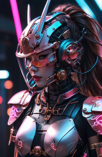 Humanoide futurista usando armadura biônica com estilo cyberpunk brilhante de néon