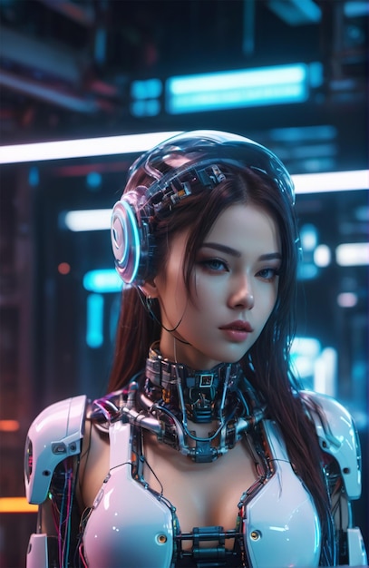 Humanoide futurista usando armadura biônica com estilo cyberpunk brilhante de néon