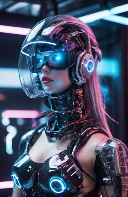 Humanoide futurista usando armadura biônica com estilo cyberpunk brilhante de néon