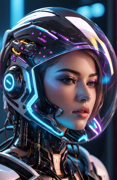 Humanoide futurista usando armadura biônica com estilo cyberpunk brilhante de néon