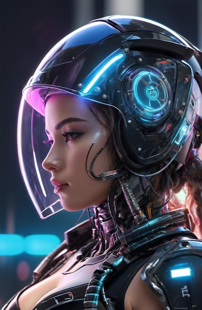 Humanoide futurista usando armadura biônica com estilo cyberpunk brilhante de néon