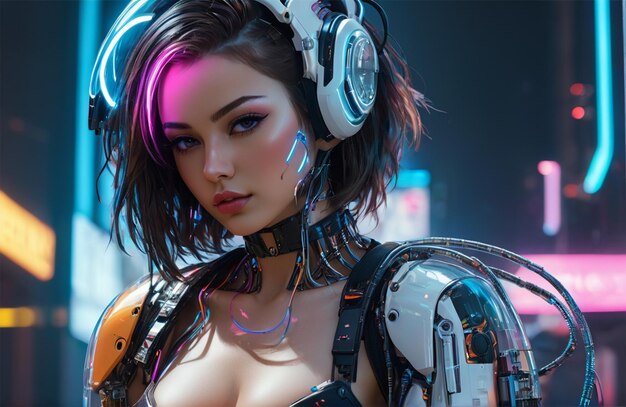 Humanoide futurista usando armadura biônica com estilo cyberpunk brilhante de néon