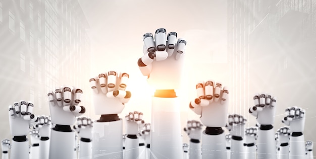 Humanóide robô se levanta para celebrar o sucesso alcançado com o uso de IA