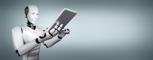 Humanóide robô usando computador tablet em escritório futurista