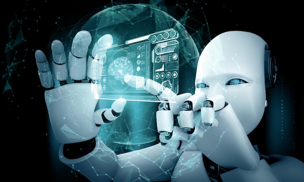 El humanoide robot XAI sostiene la pantalla holográfica HUD en el concepto de cerebro pensante de IA
