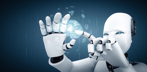 El humanoide robot XAI sostiene la pantalla holográfica HUD en el concepto de cerebro pensante de IA