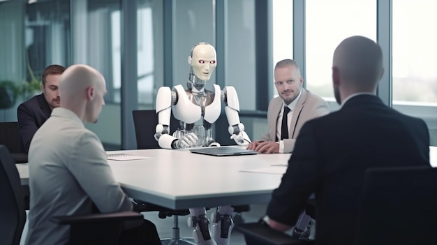 Foto humanoide roboter und arbeiter nehmen an einem geschäftstreffen teil, um ki zu erzeugen