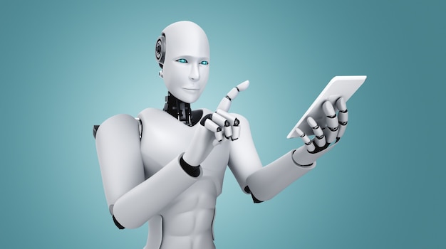 Humanoide Roboter verwenden Mobiltelefone oder Tablets im zukünftigen Büro