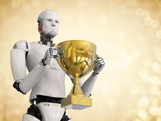 Humanoider Roboter der Wiedergabe 3d, der goldene Trophäe hält