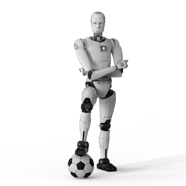 Foto humanoider roboter der wiedergabe 3d mit fußball