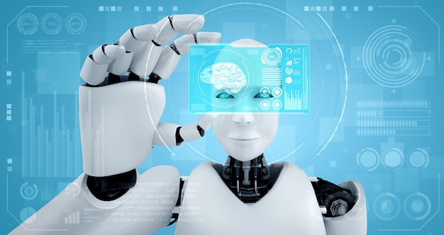 Humanoider Roboter hält HUD-Hologrammbildschirm im Konzept des KI-Denkgehirns