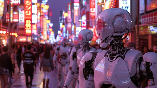 Humanos y robots de IA en una metrópolis futurista