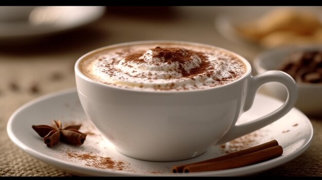 Una humeante taza de capuchino espumoso con cobertura de chocolate