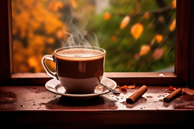 Una humeante taza de chocolate caliente en un alféizar con gotas de lluvia y follaje de otoño en el fondo