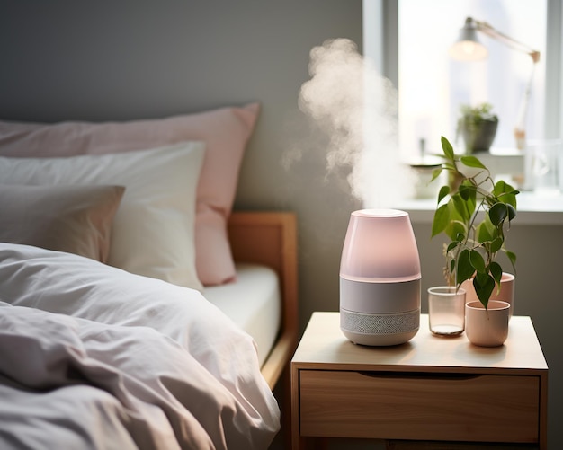 Humidificador en la mesita de noche cerca de la cama.