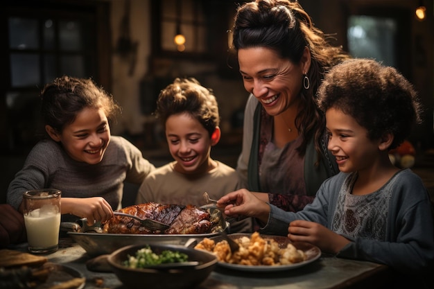 humilde família latina comendo frango